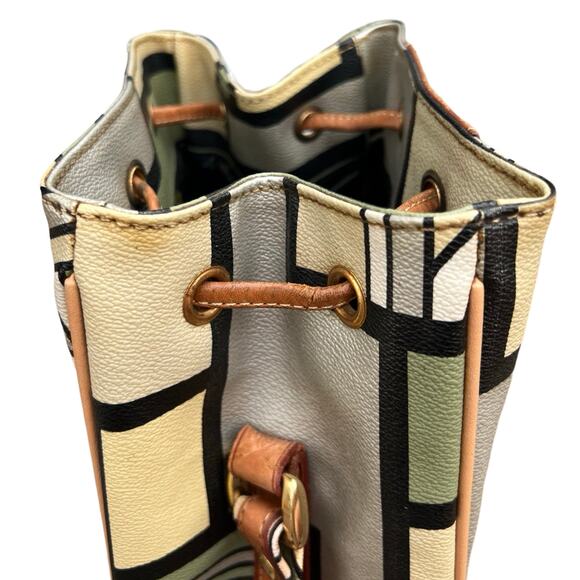 Double Fish 90s Leather Geometric Beige Green Silver Drawstring Shoulder Bag - Picture 16 of 16